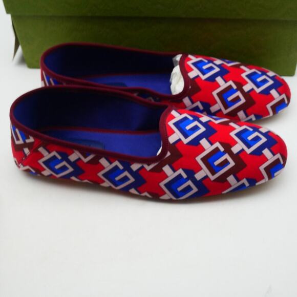 NEW Gucci Men's 12 Red Blue Geometric G Print Satin Smoking Slippers + DustBag - Picture 5 of 13